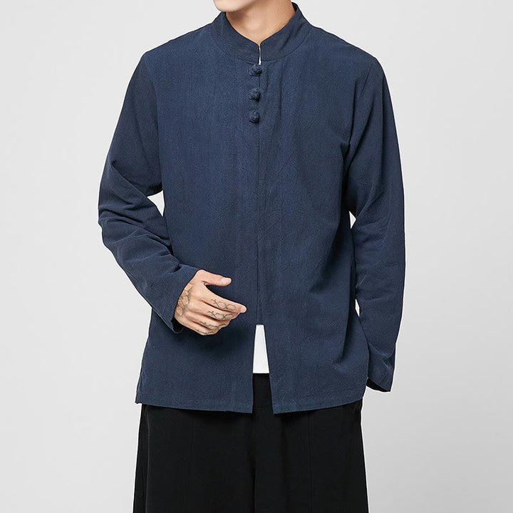 Chemise de costume Tang chinoise à manches longues en coton pour homme, avec boutons en forme de grenouille et fente latérale, motif Buddha Stones - image 14