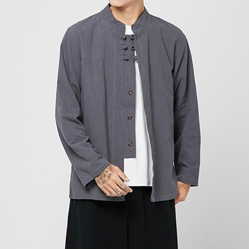 Chemise de costume Tang chinoise à manches longues en coton pour homme, avec boutons en forme de grenouille et fente latérale, motif Buddha Stones - image 2