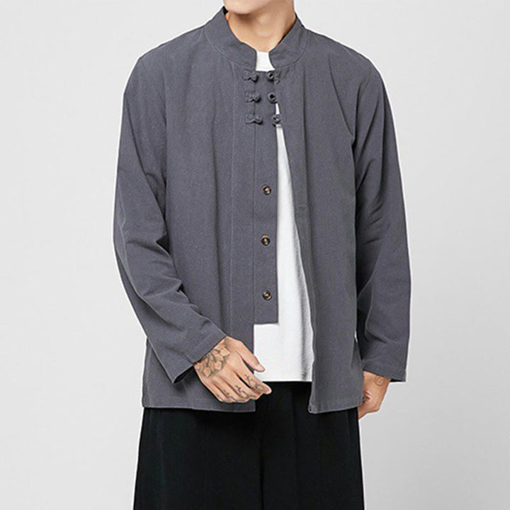 Chemise de costume Tang chinoise à manches longues en coton pour homme, avec boutons en forme de grenouille et fente latérale, motif Buddha Stones - image 2