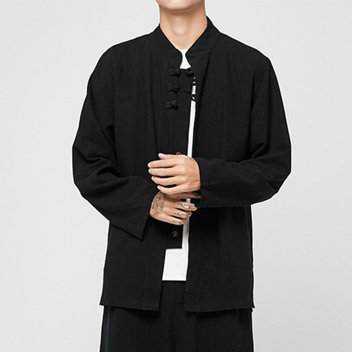 Chemise de costume Tang chinoise à manches longues en coton pour homme, avec boutons en forme de grenouille et fente latérale, motif Buddha Stones - image 9