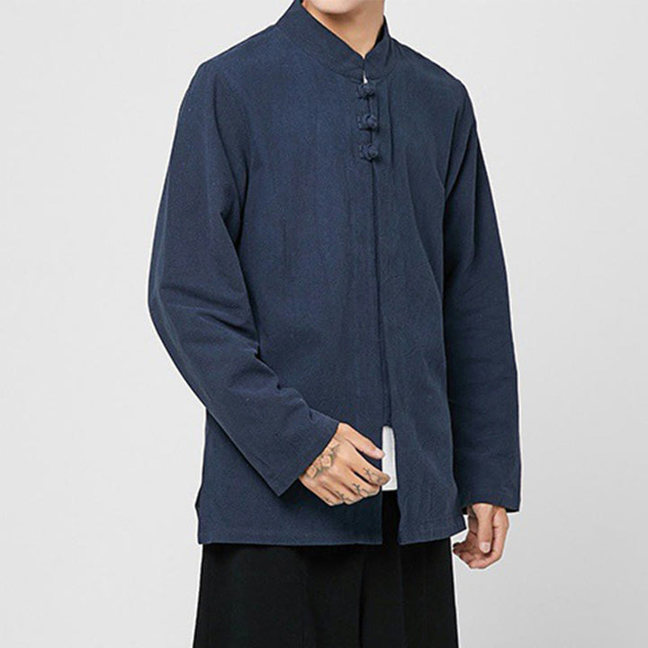 Chemise de costume Tang chinoise à manches longues en coton pour homme, avec boutons en forme de grenouille et fente latérale, motif Buddha Stones - image 17