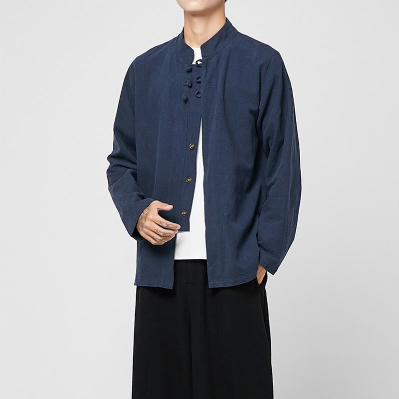 Chemise de costume Tang chinoise à manches longues en coton pour homme, avec boutons en forme de grenouille et fente latérale, motif Buddha Stones - image 19