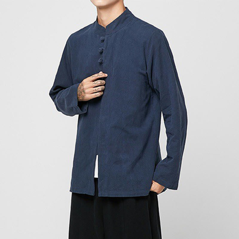 Chemise de costume Tang chinoise à manches longues en coton pour homme, avec boutons en forme de grenouille et fente latérale, motif Buddha Stones - image 13