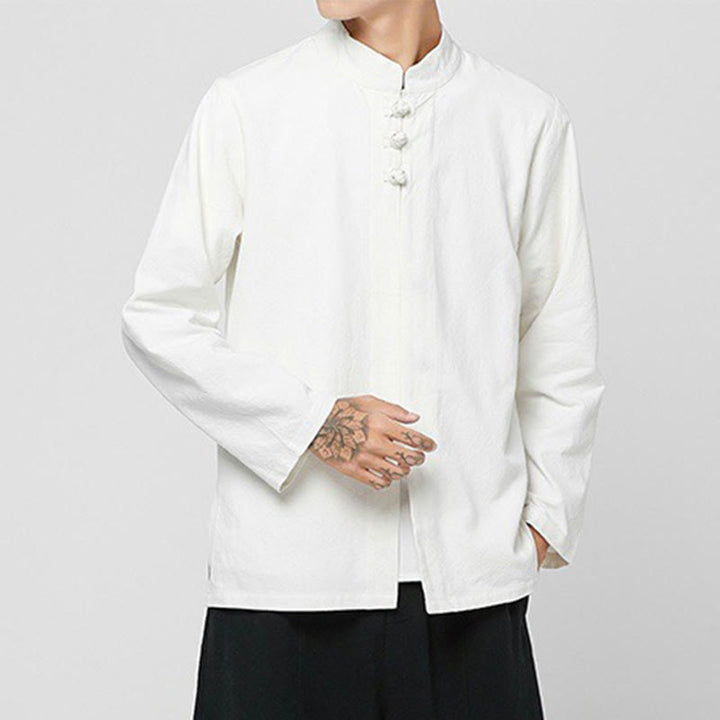 Chemise de costume Tang chinoise à manches longues en coton pour homme, avec boutons en forme de grenouille et fente latérale, motif Buddha Stones - image 25