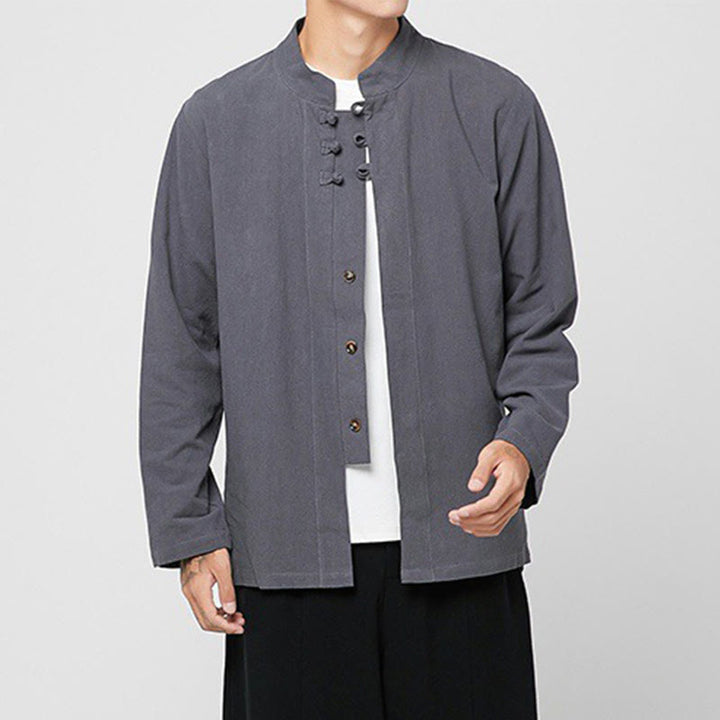 Chemise de costume Tang chinoise à manches longues en coton pour homme, avec boutons en forme de grenouille et fente latérale, motif Buddha Stones - image 5