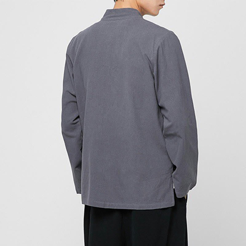 Chemise de costume Tang chinoise à manches longues en coton pour homme, avec boutons en forme de grenouille et fente latérale, motif Buddha Stones - image 6