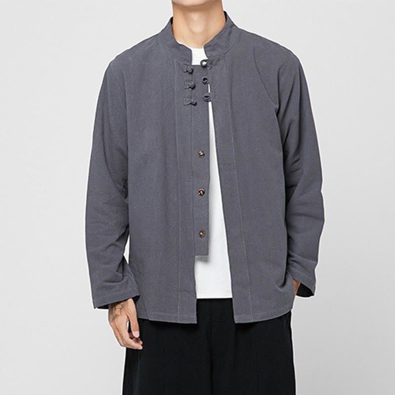 Chemise de costume Tang chinoise à manches longues en coton pour homme, avec boutons en forme de grenouille et fente latérale, motif Buddha Stones - image 4