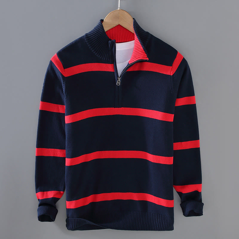 Pull à manches longues en coton pour homme, motif Buddha Stones, rayures contrastées et demi-fermeture éclair - Bande rouge bleu nuit - US/UK/AU42，EU52 (3XL) - image 12