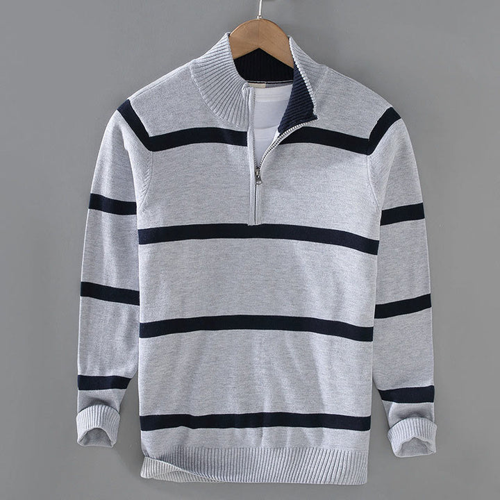 Pull à manches longues en coton pour homme, motif Buddha Stones, rayures contrastées et demi-fermeture éclair - Rayures gris foncé et bleu nuit - US/UK/AU42，EU52 (3XL) - image 9