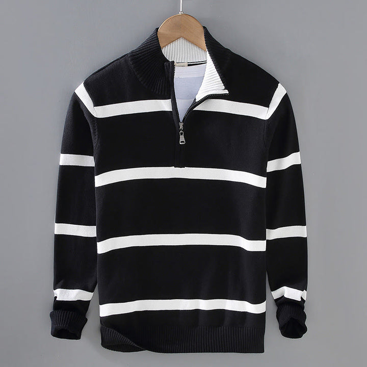 Pull à manches longues en coton pour homme, motif Buddha Stones, rayures contrastées et demi-fermeture éclair - Rayures noires et blanches - US/UK/AU42，EU52 (3XL) - image 0
