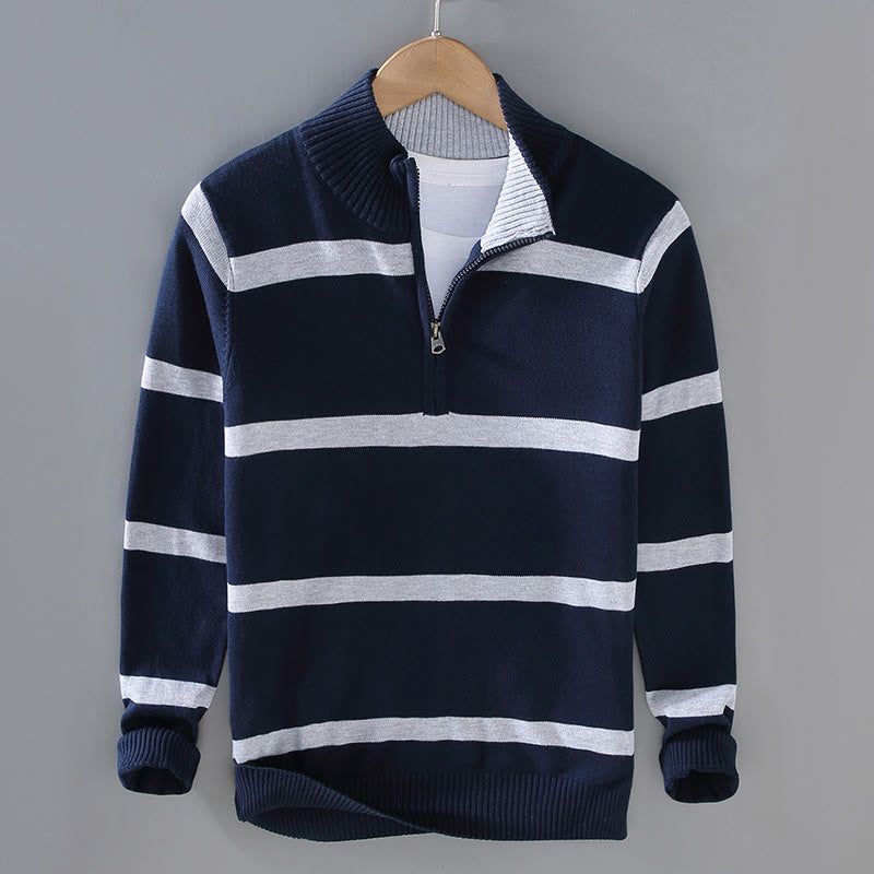 Pull à manches longues en coton pour homme, motif Buddha Stones, rayures contrastées et demi-fermeture éclair - Rayures bleu nuit et gris clair - US/UK/AU42，EU52 (3XL) - image 11