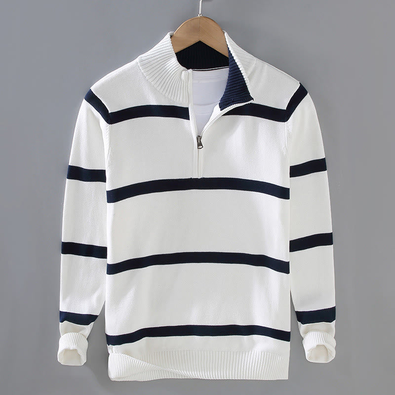 Pull à manches longues en coton pour homme, motif Buddha Stones, rayures contrastées et demi-fermeture éclair - Rayures blanches et bleu nuit - US/UK/AU42，EU52 (3XL) - image 1