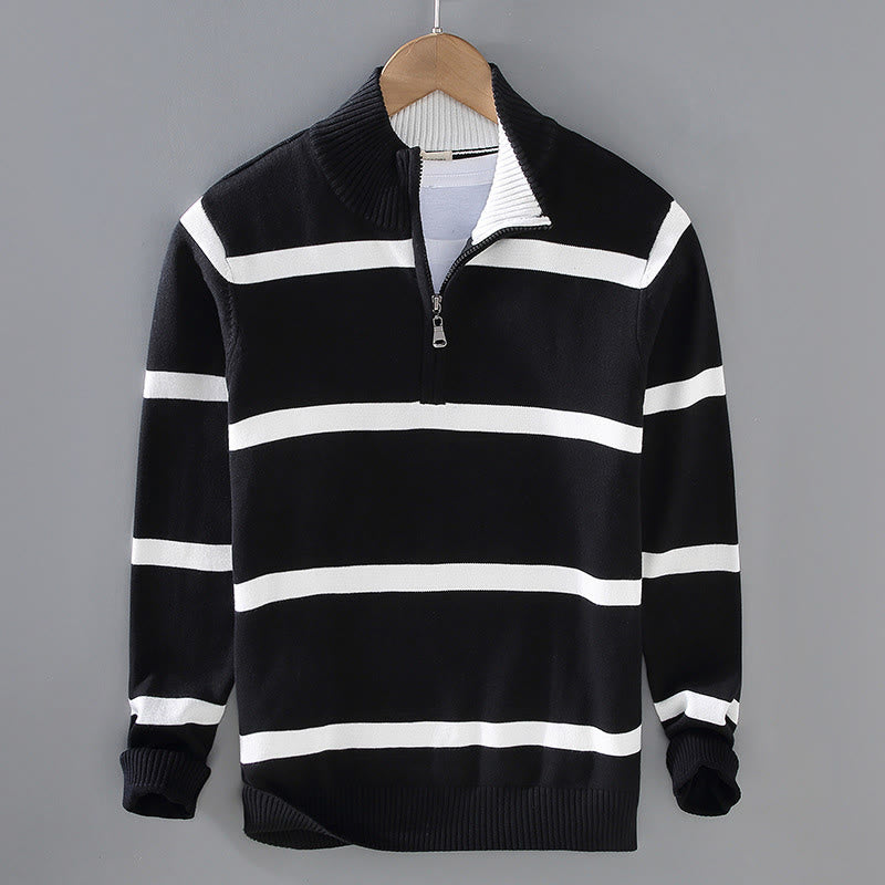 Pull à manches longues en coton pour homme, motif Buddha Stones, rayures contrastées et demi-fermeture éclair - Rayures noires et blanches - US/UK/AU42，EU52 (3XL) - image 0