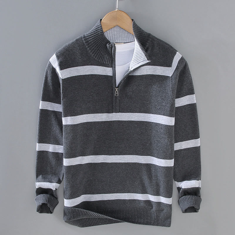 Pull à manches longues en coton pour homme, motif Buddha Stones, rayures contrastées et demi-fermeture éclair - Rayure gris foncé - US/UK/AU42，EU52 (3XL) - image 10