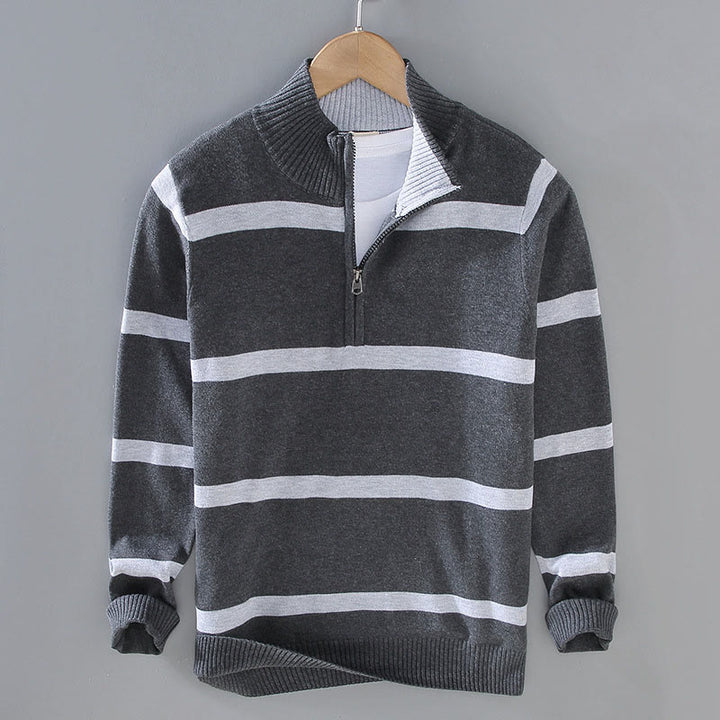 Pull à manches longues en coton pour homme, motif Buddha Stones, rayures contrastées et demi-fermeture éclair - Rayure gris foncé - US/UK/AU42，EU52 (3XL) - image 10