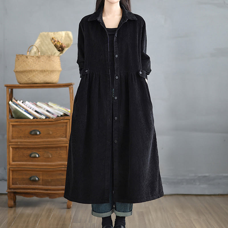 Manteau en velours côtelé de coton à manches longues et boutons unis Buddha Stones pour femme avec poches - image 14