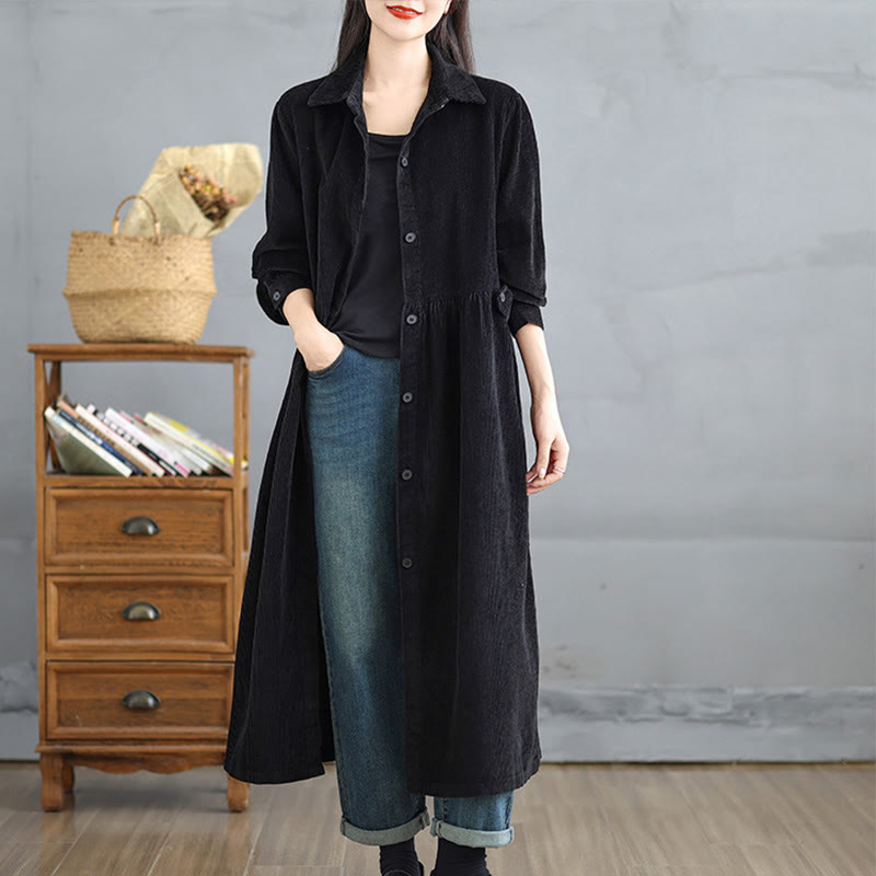 Manteau en velours côtelé de coton à manches longues et boutons unis Buddha Stones pour femme avec poches - Noir - US12，UK/AU16，EU44 (2XL) - image 10