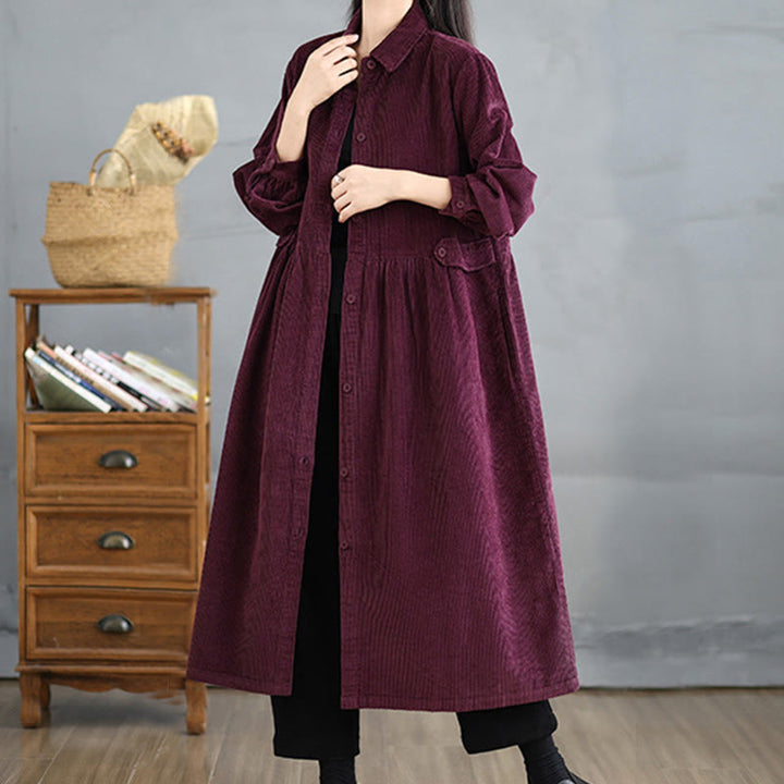 Manteau en velours côtelé de coton à manches longues et boutons unis Buddha Stones pour femme avec poches - image 21