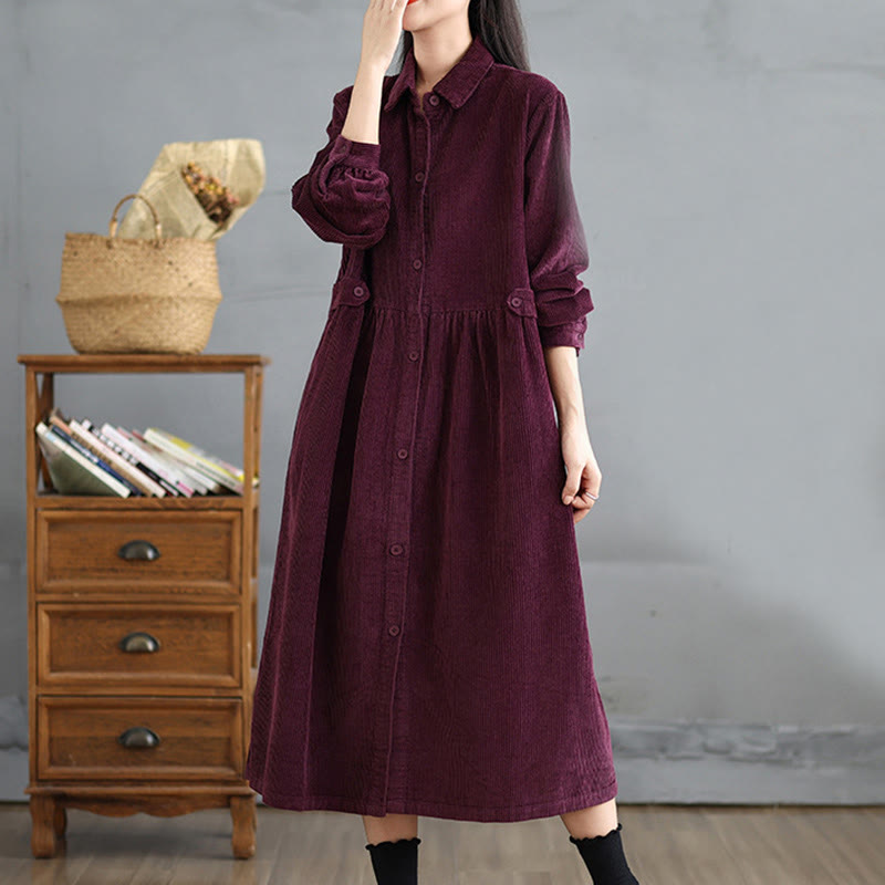Manteau en velours côtelé de coton à manches longues et boutons unis Buddha Stones pour femme avec poches - image 18