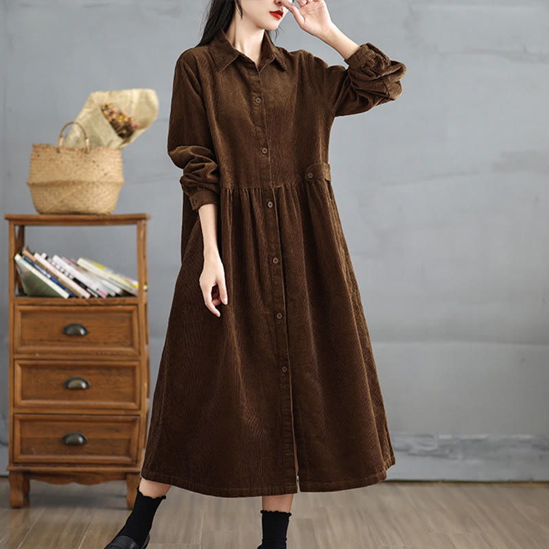 Manteau en velours côtelé de coton à manches longues et boutons unis Buddha Stones pour femme avec poches - SaddleBrown - US12，UK/AU16，EU44 (2XL) - image 0