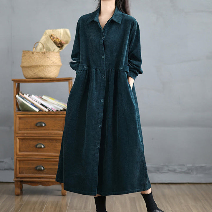 Manteau en velours côtelé de coton à manches longues et boutons unis Buddha Stones pour femme avec poches - Sarcelle - US12，UK/AU16，EU44 (2XL) - image 23