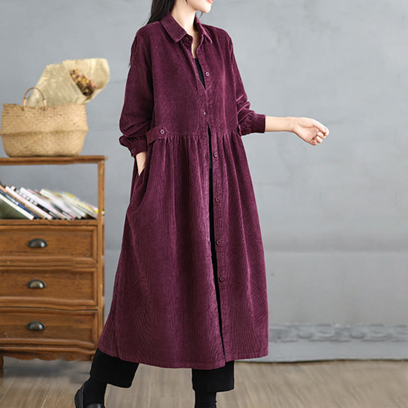 Manteau en velours côtelé de coton à manches longues et boutons unis Buddha Stones pour femme avec poches - image 19