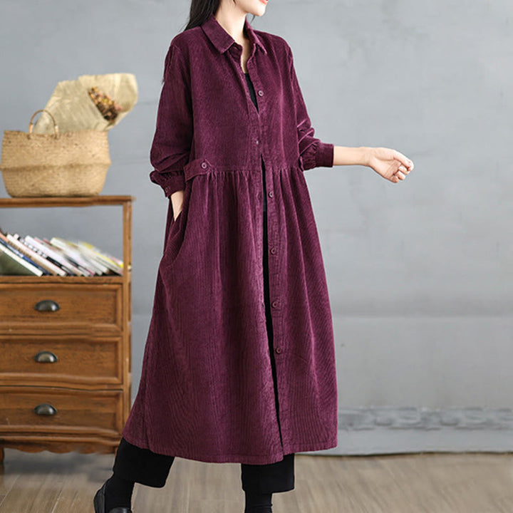 Manteau en velours côtelé de coton à manches longues et boutons unis Buddha Stones pour femme avec poches - image 19