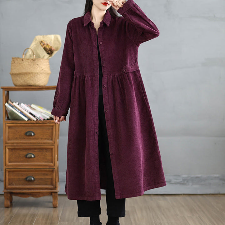 Manteau en velours côtelé de coton à manches longues et boutons unis Buddha Stones pour femme avec poches - image 20