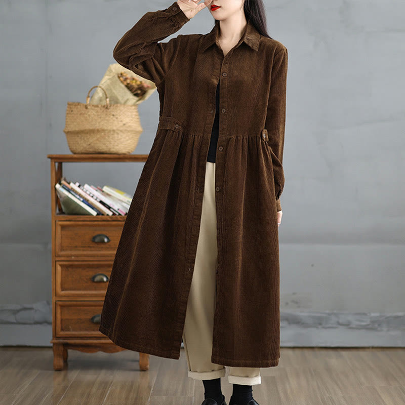 Manteau en velours côtelé de coton à manches longues et boutons unis Buddha Stones pour femme avec poches - image 1