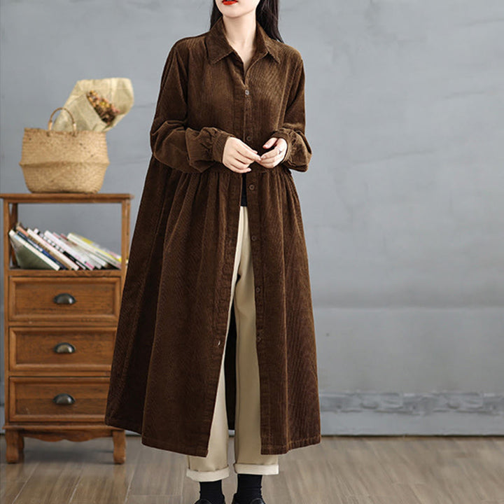 Manteau en velours côtelé de coton à manches longues et boutons unis Buddha Stones pour femme avec poches - image 2