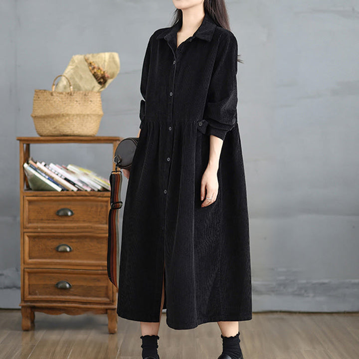 Manteau en velours côtelé de coton à manches longues et boutons unis Buddha Stones pour femme avec poches - image 12