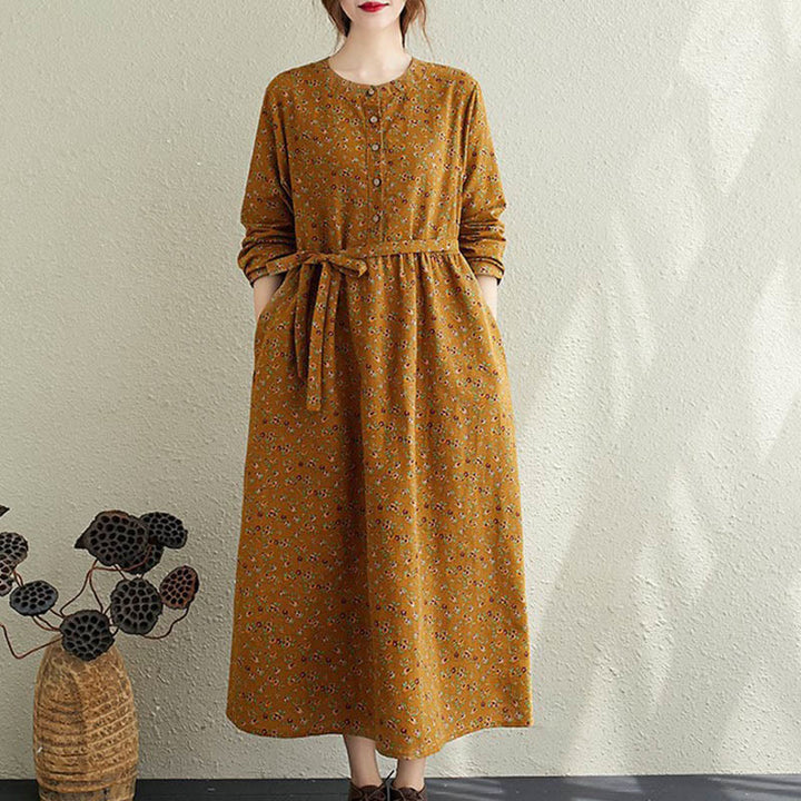 Robe mi-longue à manches longues et cordon de serrage pour femme, motif Buddha Stones Commute, en coton, avec poches - Verge d'or foncée - US12，UK/AU16，EU44 (3XL) - image 6