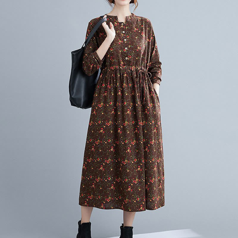 Robe mi-longue à manches longues et cordon de serrage pour femme, motif Buddha Stones Commute, en coton, avec poches - SaddleBrown - US12，UK/AU16，EU44 (3XL) - image 0
