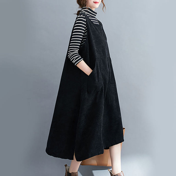 Robe mi-longue en velours côtelé de coton sans manches à col ras du cou Buddha Stones pour femme avec poches - image 18