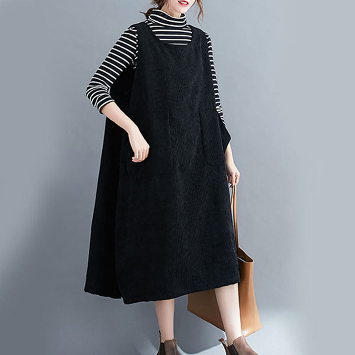 Robe mi-longue en velours côtelé de coton sans manches à col ras du cou Buddha Stones pour femme avec poches - image 19