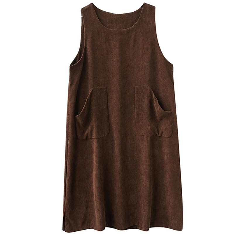 Robe mi-longue en velours côtelé de coton sans manches à col ras du cou Buddha Stones pour femme avec poches - image 14