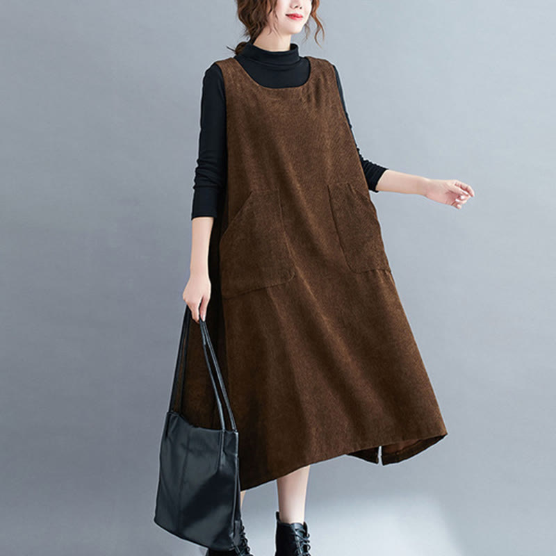 Robe mi-longue en velours côtelé de coton sans manches à col ras du cou Buddha Stones pour femme avec poches - SaddleBrown - US12，UK/AU16，EU44 (2XL) - image 0