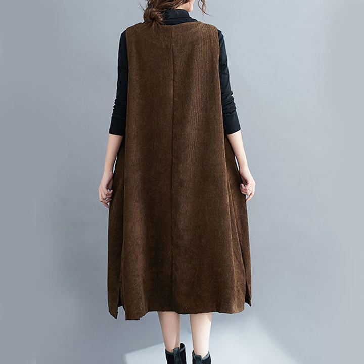 Robe mi-longue en velours côtelé de coton sans manches à col ras du cou Buddha Stones pour femme avec poches - image 4