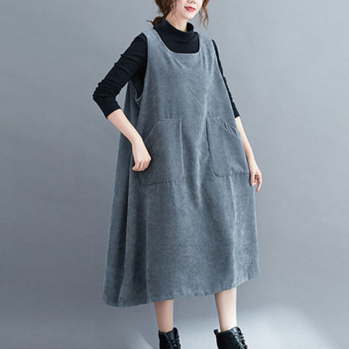Robe mi-longue en velours côtelé de coton sans manches à col ras du cou Buddha Stones pour femme avec poches - SteelBlue - US12，UK/AU16，EU44 (2XL) - image 22