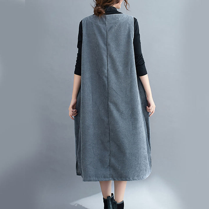 Robe mi-longue en velours côtelé de coton sans manches à col ras du cou Buddha Stones pour femme avec poches - image 25