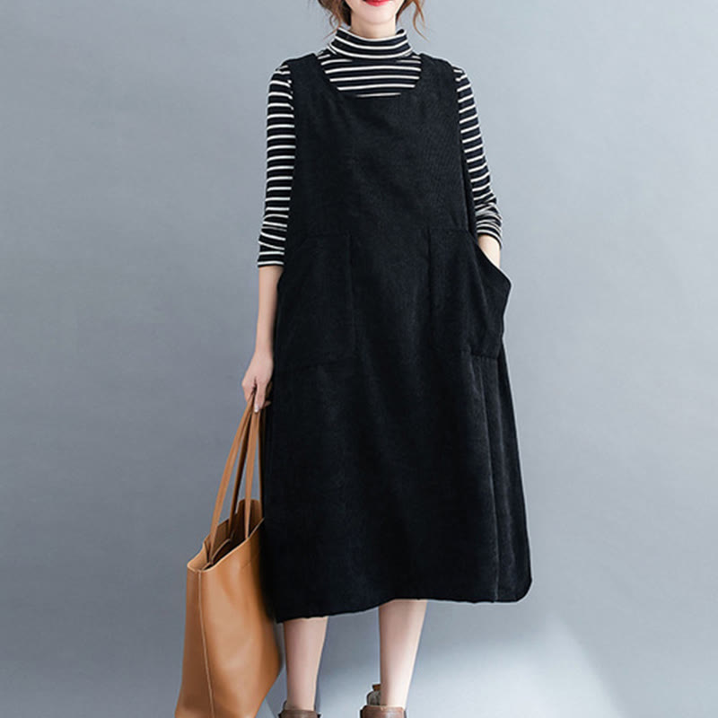 Robe mi-longue en velours côtelé de coton sans manches à col ras du cou Buddha Stones pour femme avec poches - Noir - US12，UK/AU16，EU44 (2XL) - image 15