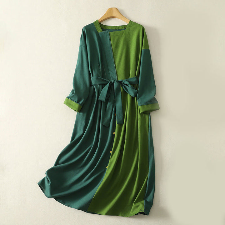 Robe mi-longue à manches longues et poches pour femme, en coton, avec patchs et blocs de couleurs, motif Buddha Stones - Vert foncé - US8-10，UK/AU12-14，EU40-42 (2XL) - image 0