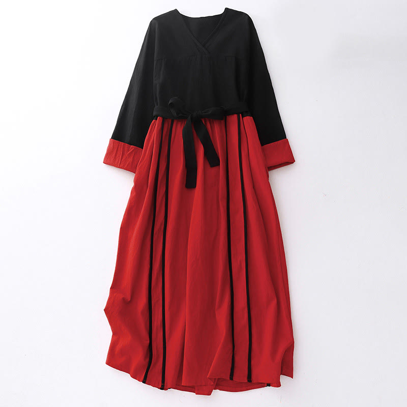 Robe mi-longue à lacets et manches longues pour femme, motif Buddha Stones, avec poches - Cramoisi - US8-10，UK/AU12-14，EU40-42 (2XL) - image 0