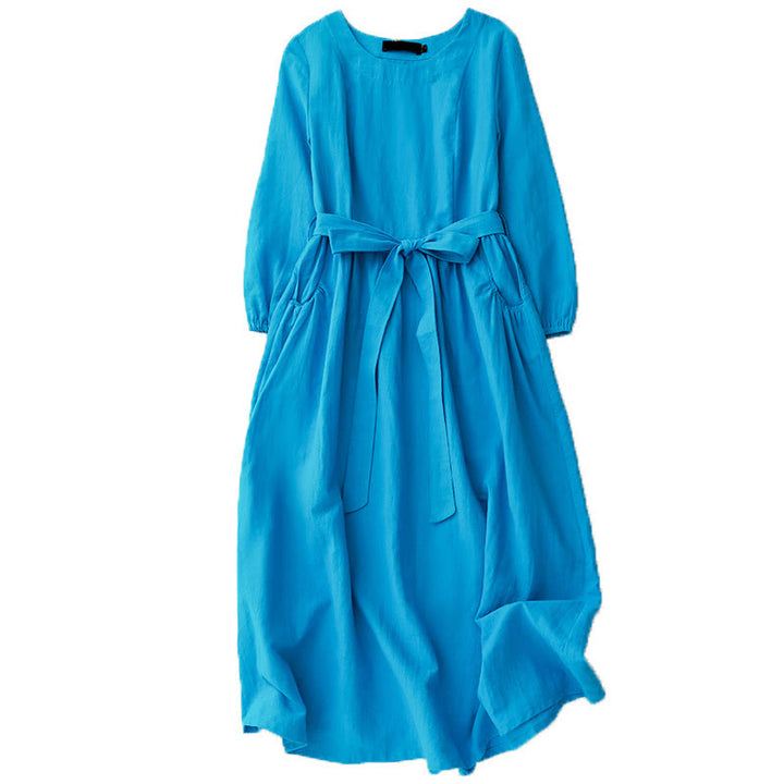 Robe mi-longue en coton à manches longues et lacets pour femme avec poches et motif Buddha Stones - image 10