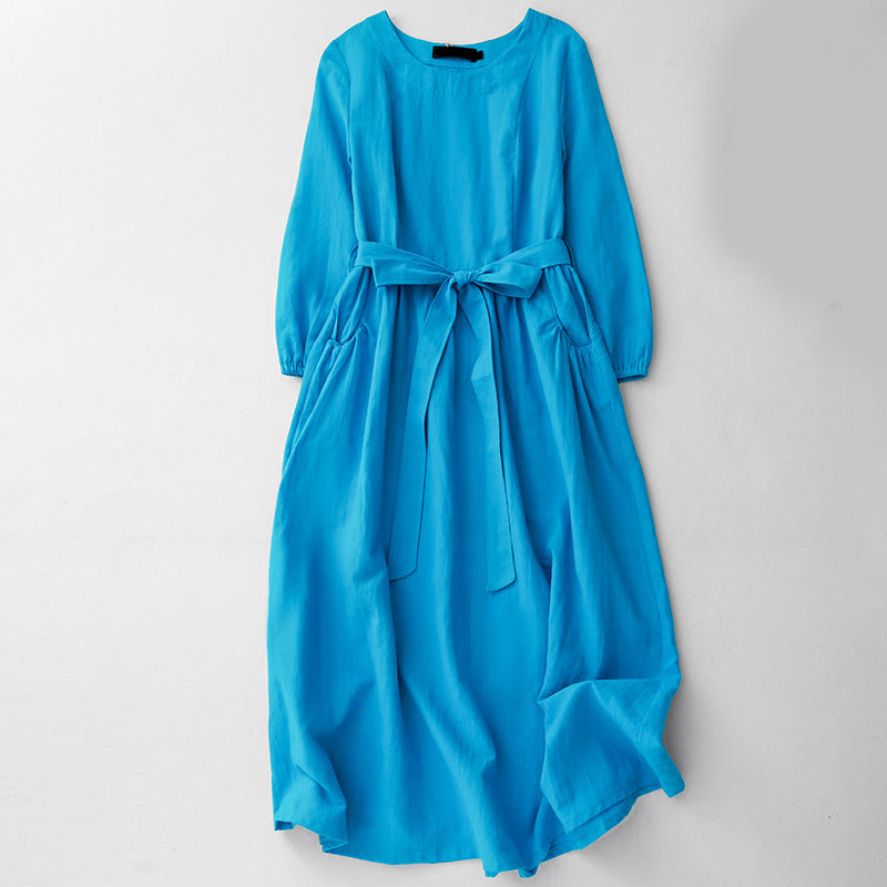 Robe mi-longue en coton à manches longues et lacets pour femme avec poches et motif Buddha Stones - Bleu ciel profond - US8-10，UK/AU12-14，EU40-42 (2XL) - image 0
