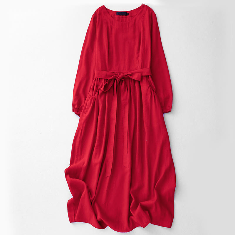 Robe mi-longue en coton à manches longues et lacets pour femme avec poches et motif Buddha Stones - Rouge - US8-10，UK/AU12-14，EU40-42 (2XL) - image 11