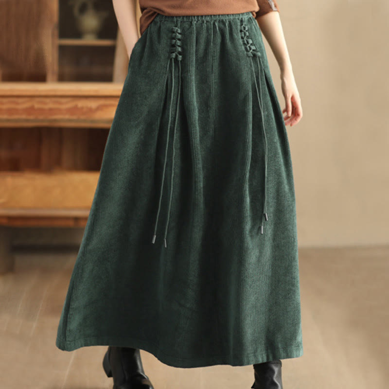 Jupe longue 7-8 en velours côtelé uni Buddha Stones pour femme, avec poches - Vert foncé - US12，UK/AU16，EU44 (2XL) - image 0