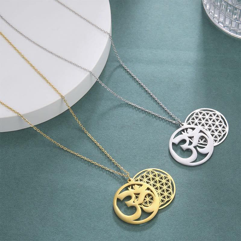 Collier pendentif en acier inoxydable avec Buddha Stones et symbole Om, motif floral creux - image 15
