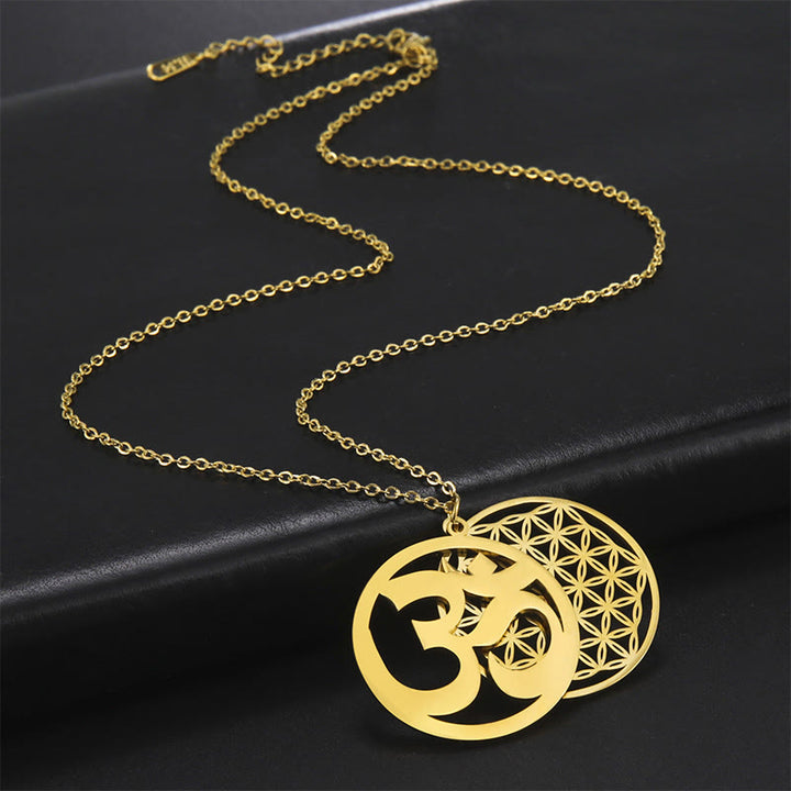 Collier pendentif en acier inoxydable avec Buddha Stones et symbole Om, motif floral creux - image 10