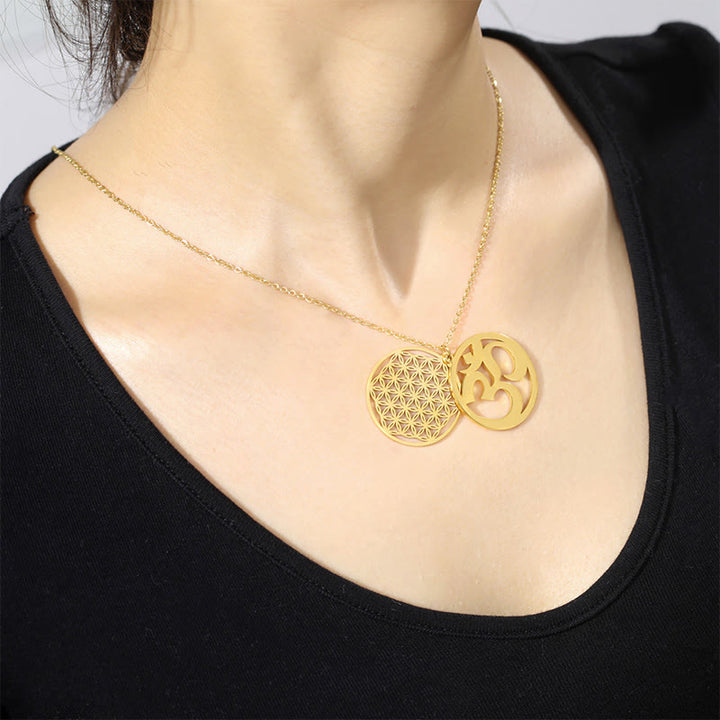 Collier pendentif en acier inoxydable avec Buddha Stones et symbole Om, motif floral creux - image 11